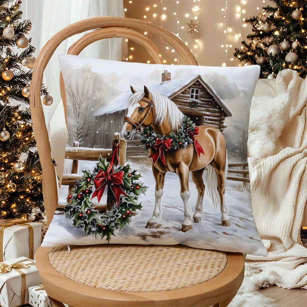 Super Soft Horse & Christmas Wreath Throw Pillow Cover,Hidden Zipper,for Sofa,Bed,Car,Holiday Home (Pillow Insert Not Included)