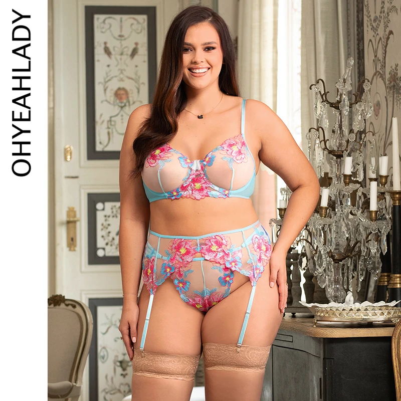 

Ohyeahlady Sexy Floral Intimate Bra Garter Belts Briefs See Through Underwire Lingerie Panties Set Plus Size Suspender Underwear