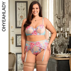 Ohyeahlady Sexy Floral Intimate Bra Garter Belts Briefs See Through Underwire Lingerie Panties Set Plus Size Suspender Underwear