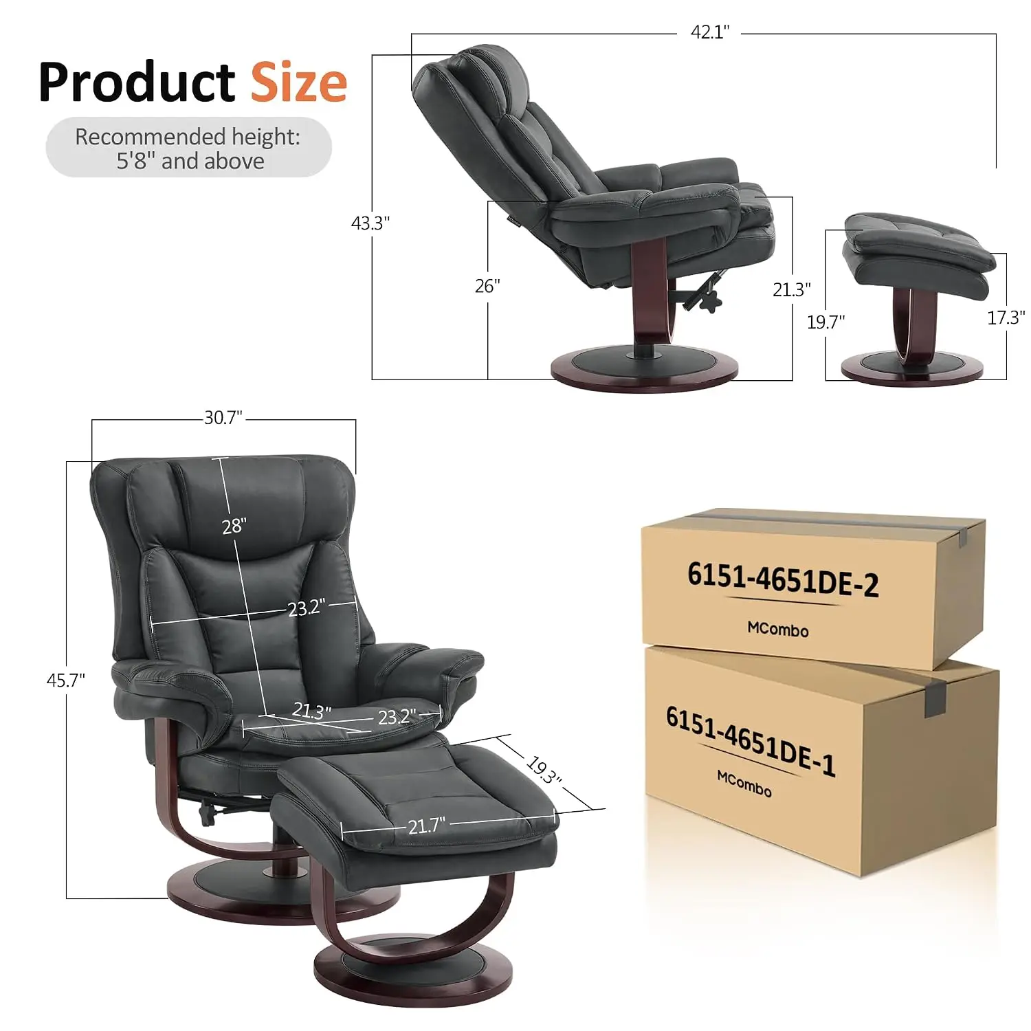 Oversized Swivel Recliner Chair with Ottoman, Adjustable Backrest, 360° Wood Base,High Seat Faux Leather Lounge Chair,Customized