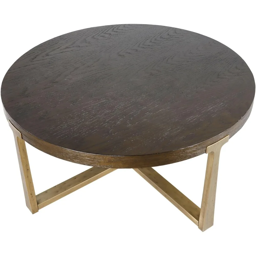 36 Inch Rustic Round Wood Coffee Table Hammered Cross Legs Gold Finish Metal for Living Room Coffee Table