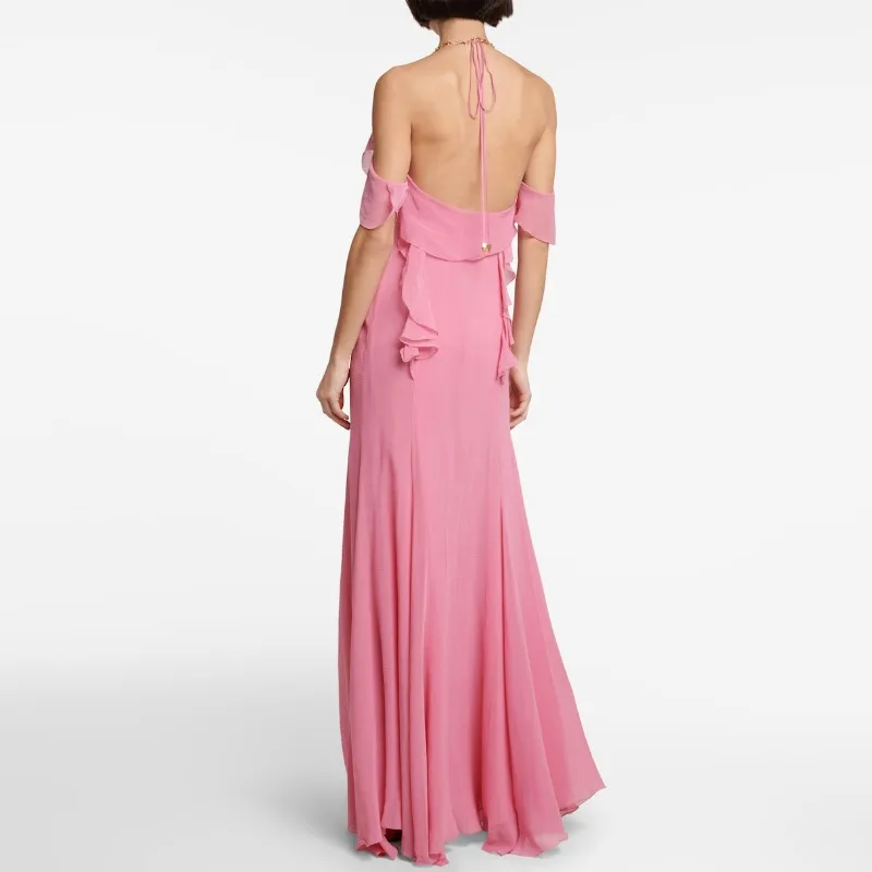 Abito lungo Boho da donna elegante con volant allentato per le vacanze Abito estivo sexy con scollo a V e scollo all'americana senza schienale Abito a strati in chiffon per feste