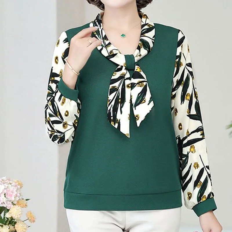 

Spring Autumn Long Sleeve Printed Spliced Female Elegant Blouse Scarf Collar Casual All-match Shirt Women's Clothing JJ97