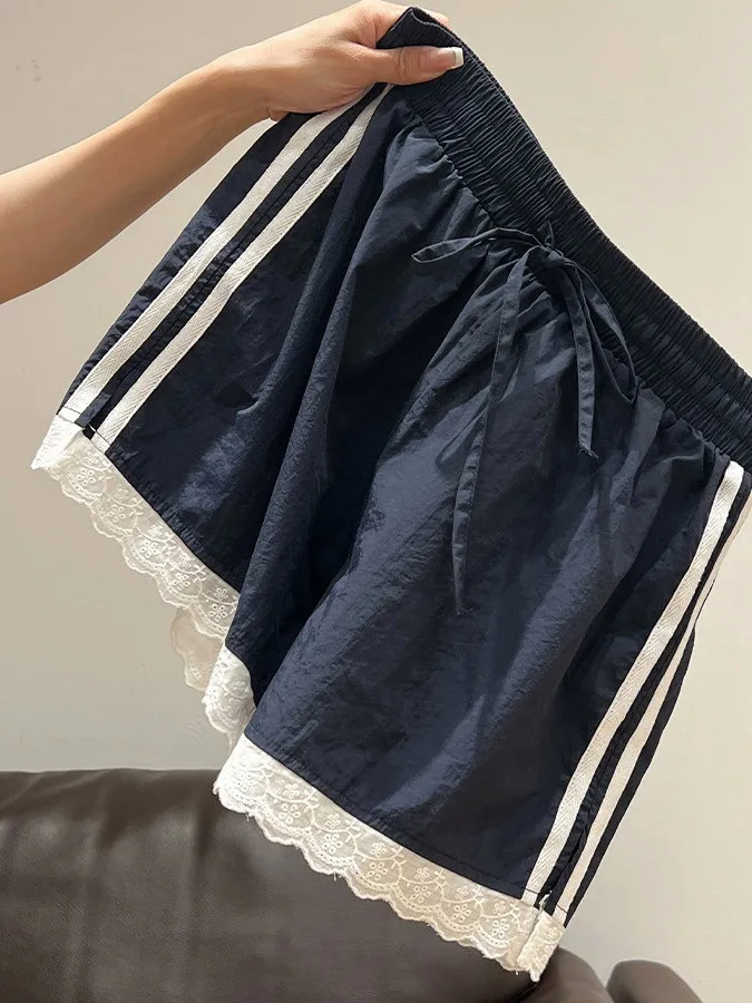 High Waist Lace Patchwork Sports Shorts Women Summer 2026 New Design Slimming Casual Loose Fit Striped Wide Leg Pants