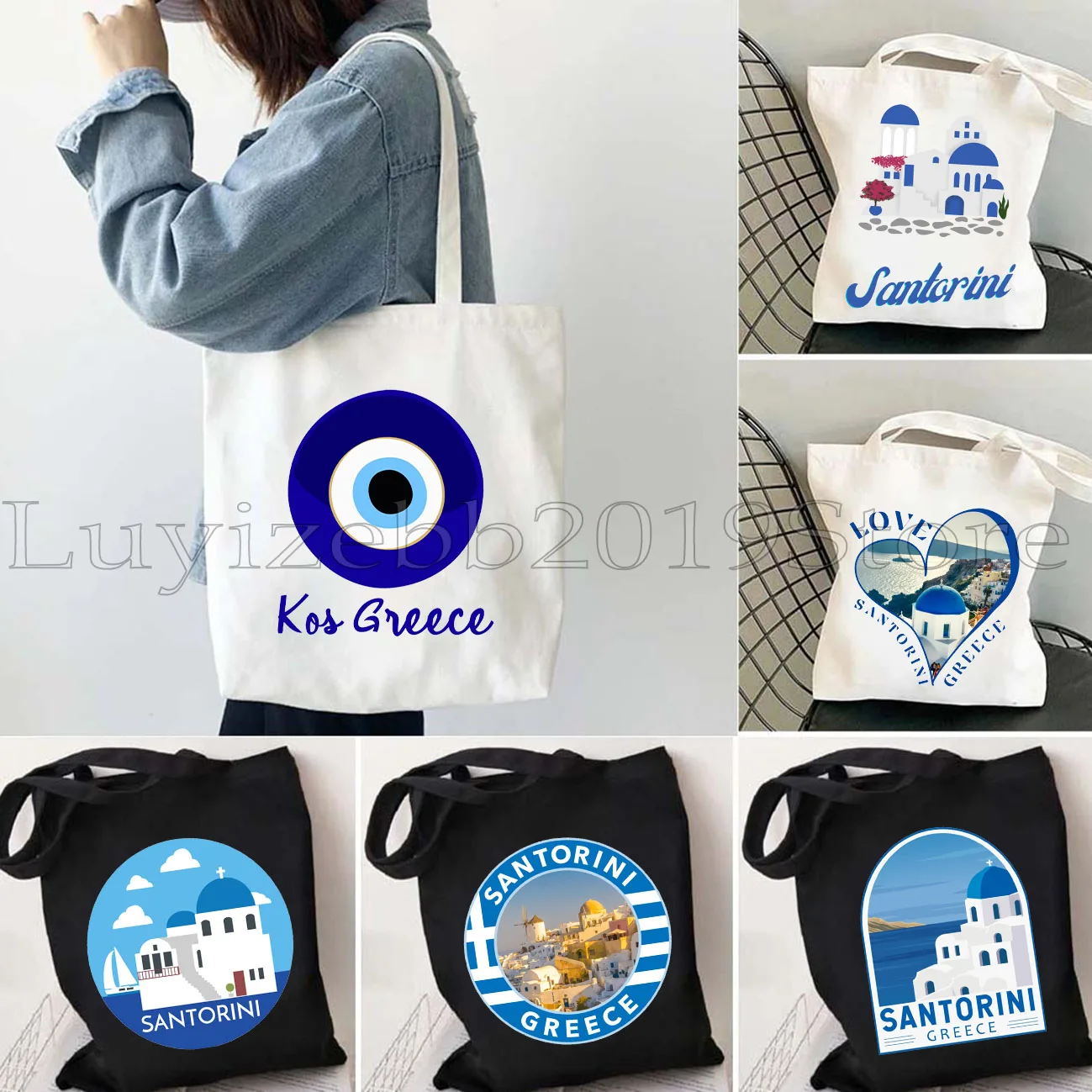 Greece Flag Map Ellas Greek Evil Eye Athens Santorini Oia KOS Island Heart Shopper Harajuku Canvas Tote Bag Cute Cotton Handbag