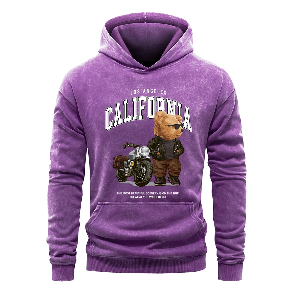 Cool Motorcycle Bear California Print Men Washed Hoodie Trendy Multicolor Hoodies Casual Loose Streetwear All-Match Cotton Hoody