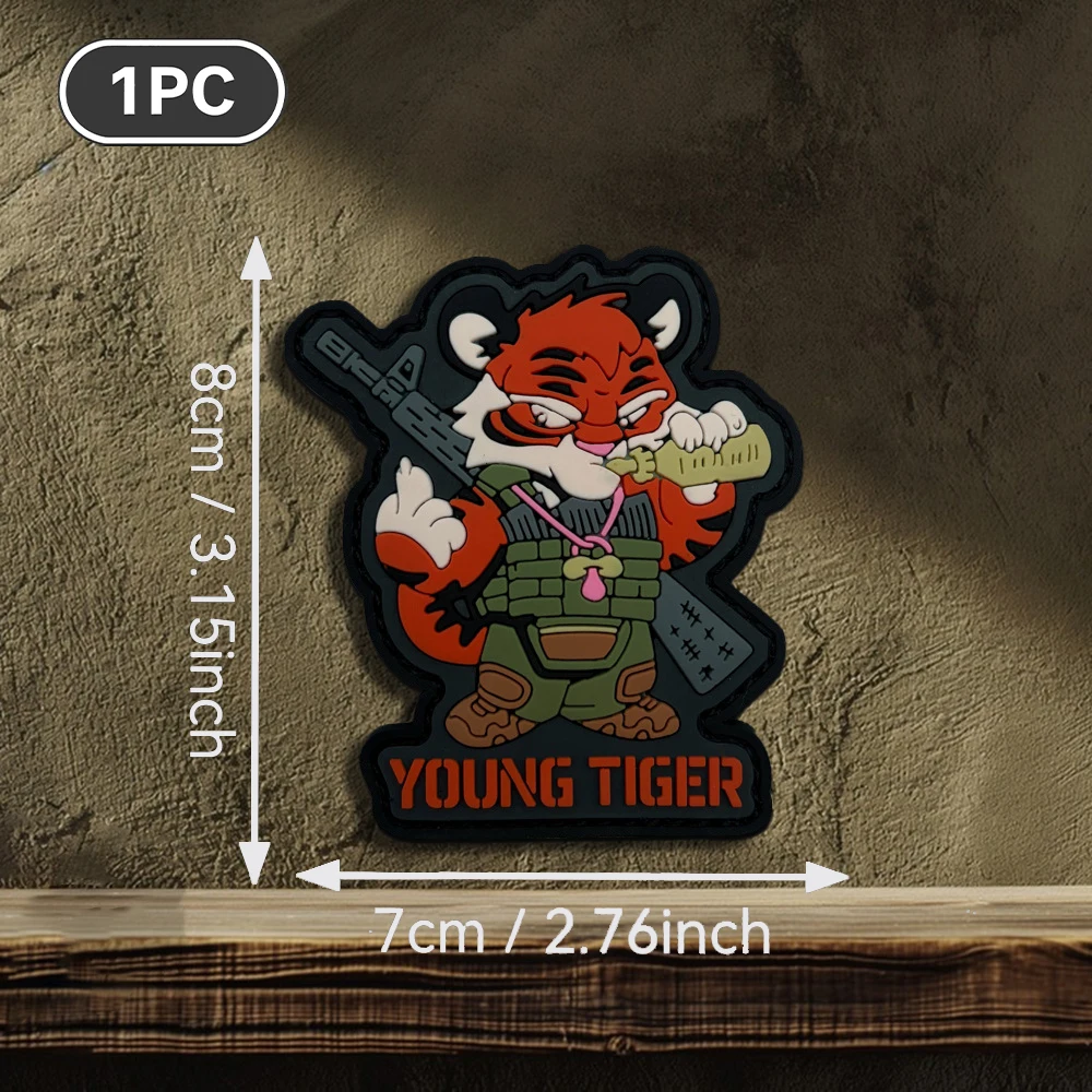 Young Tiger Tactical Tiger Shaped Logo Badge 2D Flat Pvc Material Velcro Patch Free Fleece Backing Optional Sizes 1Pc 2Pcs 3Pcs Layered 3D Embossed Edge Resistant to Peeling Functional Jacket Personalized Decorative Accessory