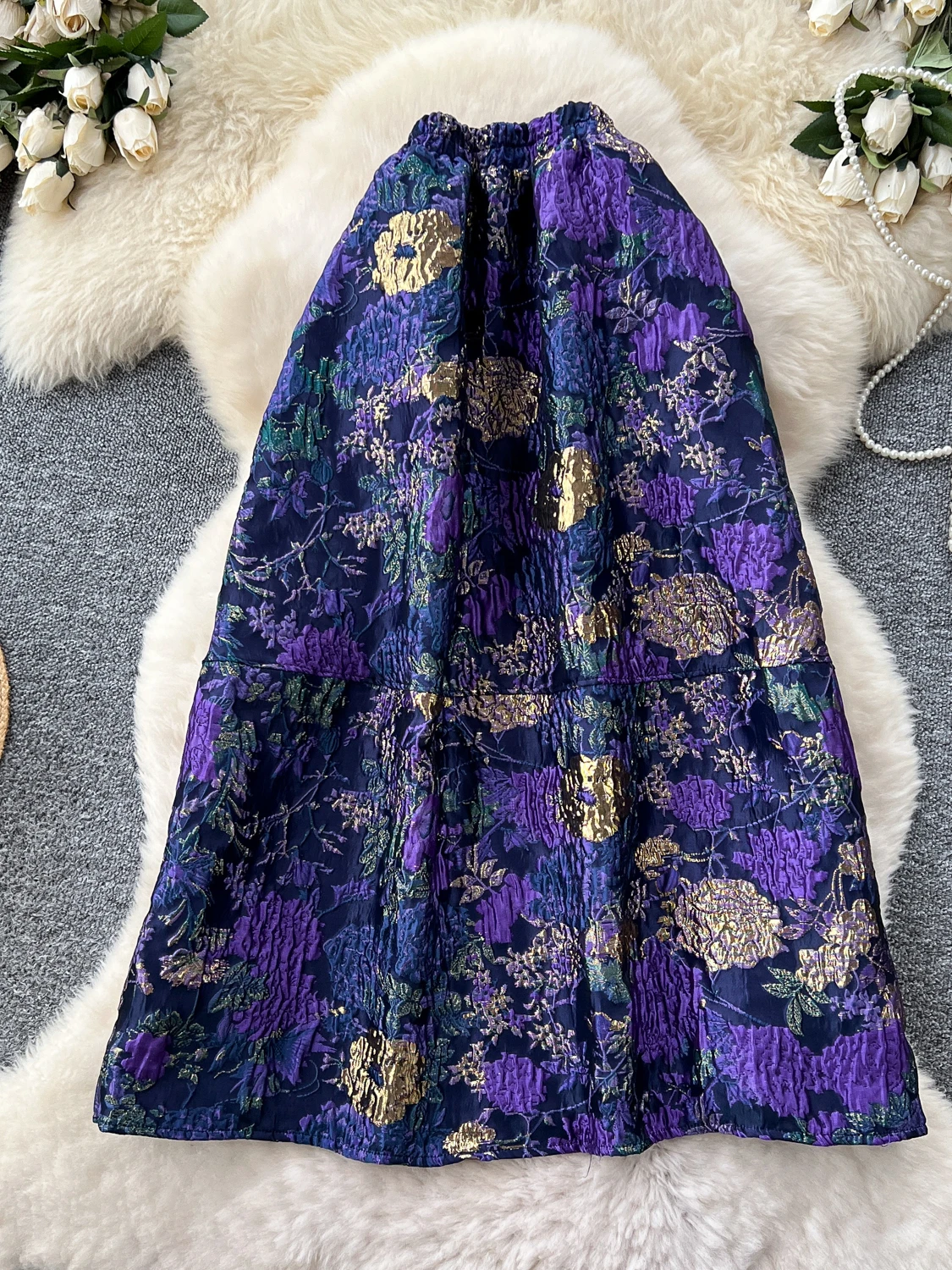 Retro Court Gold Emed Fluffy Midi Skirt Women's Autumn High Waist A-Line Skirt Slimming Versatile Ci Commute Sle