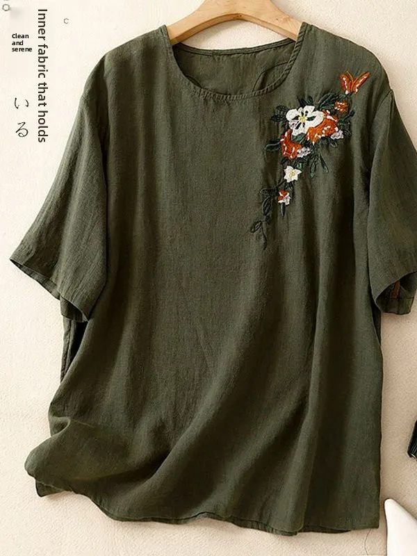 

Linen Cotton T-irt Women's Summer Faion f Sve Embroidered Retro Artistic Mom's Ethnic Sle Loose Fit round Ne Top