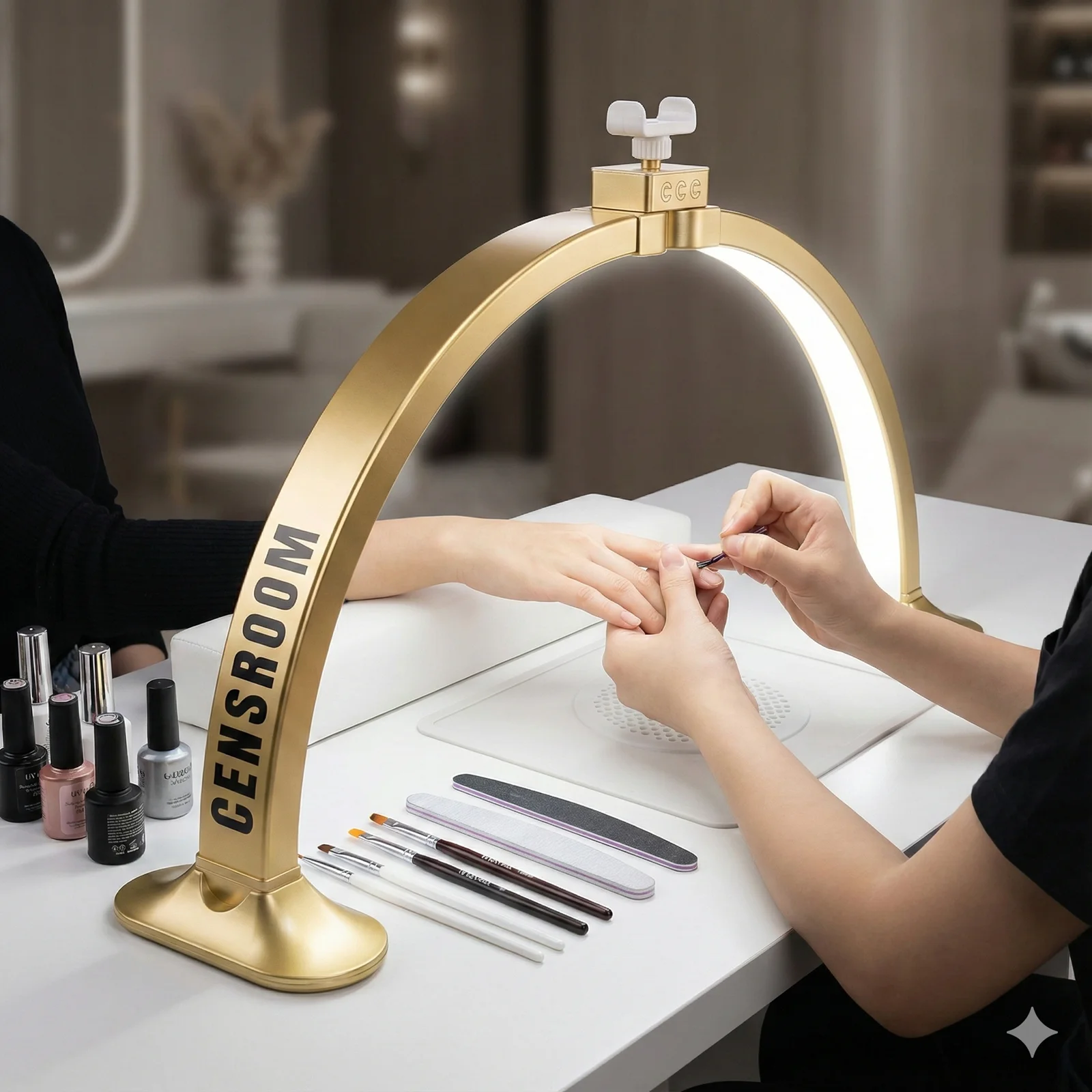 

Censroom LED Nail Lamp Half Moon Shape with Phone Holder 48W Eyes-care Arch Crafting Lash Nail Salon Desk Light