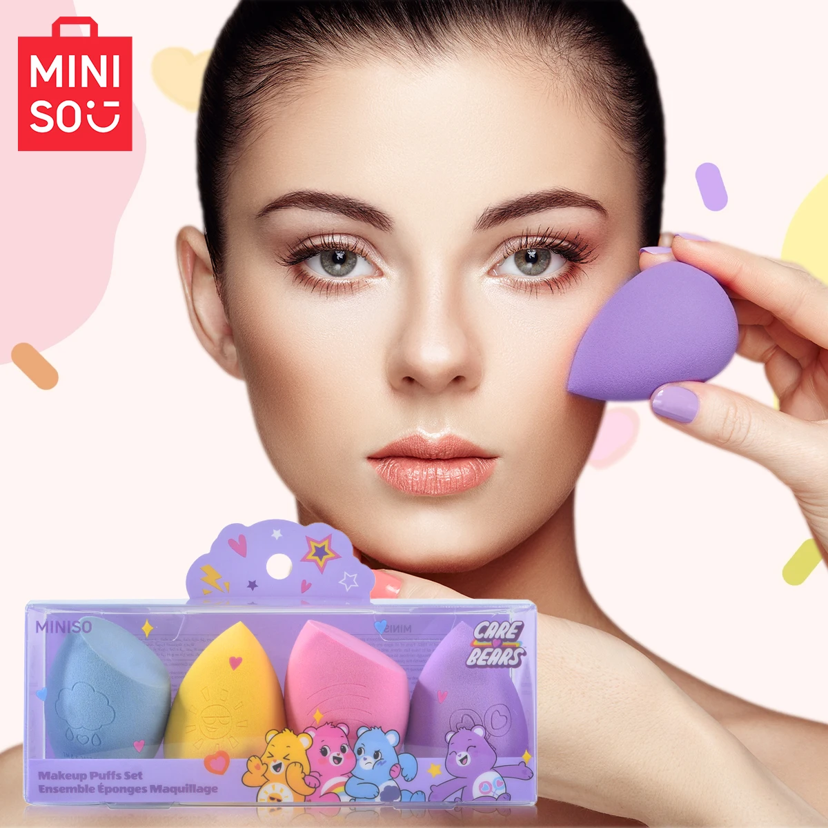 MINISO ラブベアシリーズ メイクアップパウダーパフセット、ウェット＆ドライ両用メイクアップエッグ、耐久性があり塗りやすい