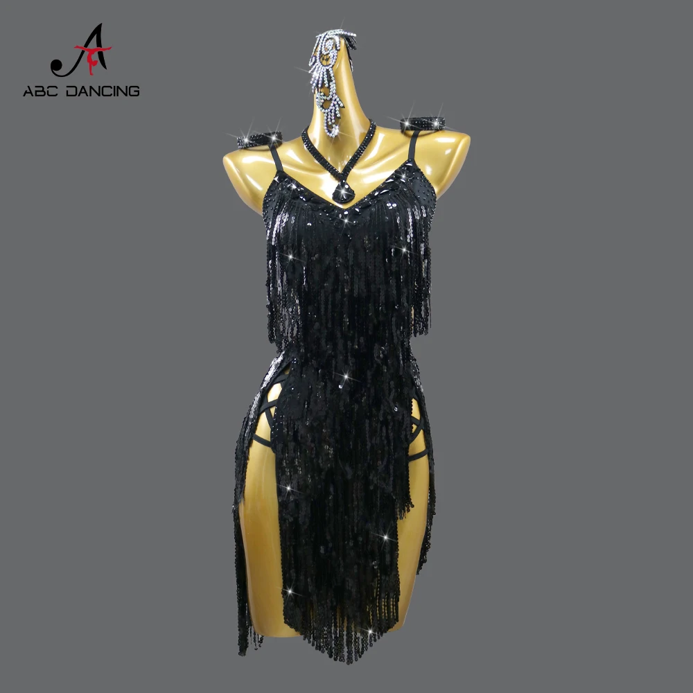 

2024 Black Latin Dance Dress Stage Ballroom Party Clothing Women Sport Sexy Costume Competition Suit Girl Dancewear Sequin Skirt