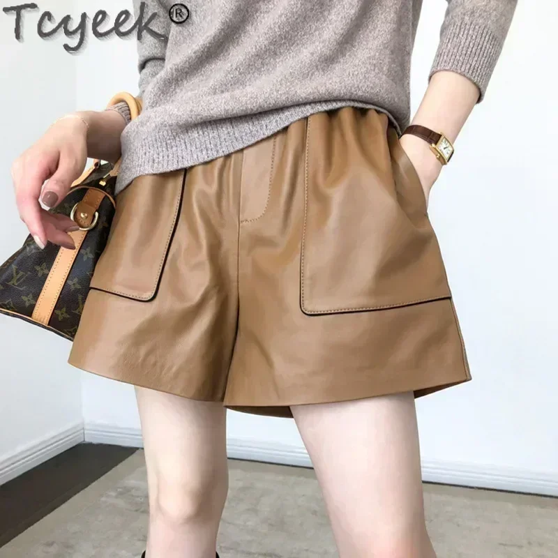 Tcyeek Real Leather Short Spring Autumn Wide-leg Pants Female Clothing High Waisted Pants Women Sheepskin Shorts Loose Fit 2024