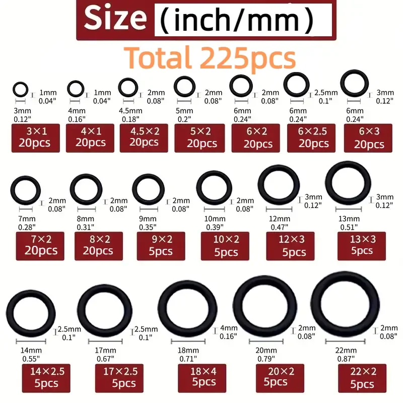 225pcs O-Ring Kit: Durable Rubber Seals for Automotive & Machinery, Ideal for Plumbing - Oil & Water Resistant, Assorted Sizes
