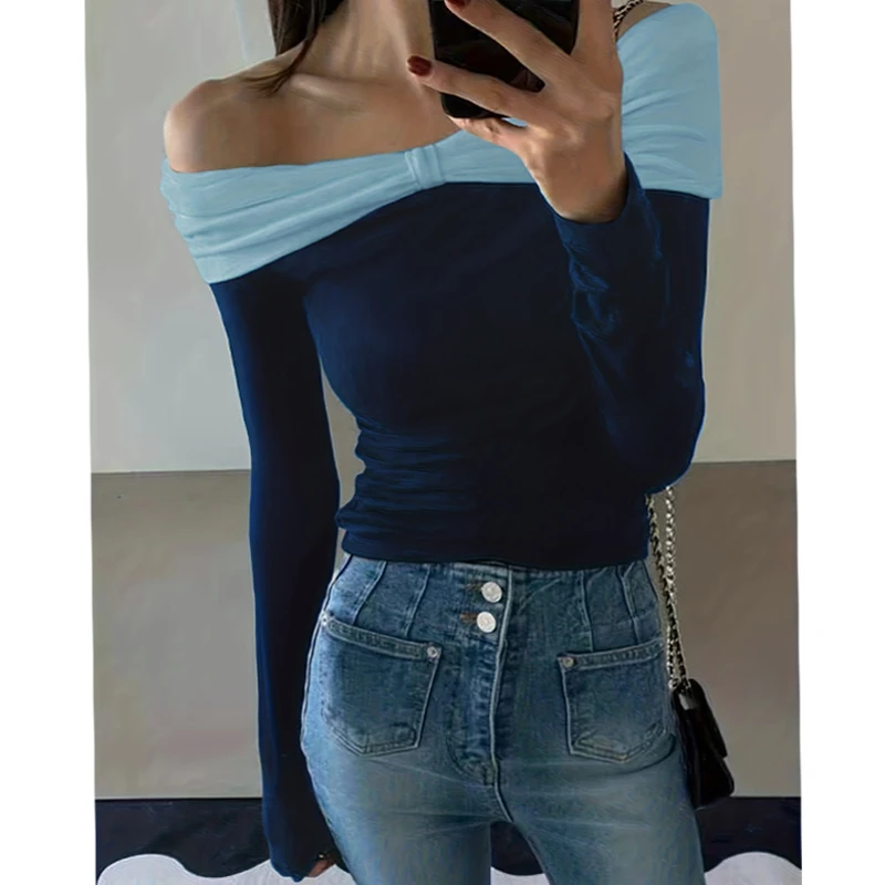 

Autumn Y2K Vintage Women's Clothing Tops Off Shoulder Color Block Long Sleeve Slim Fit Tops for Women Fashion Casual Streetwear