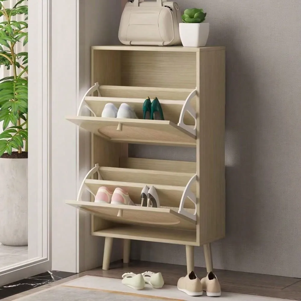 

Natural Rattan Shoe Cabinet with 2 Flip Drawers Modern 2-Tier Shoe Rack Storage