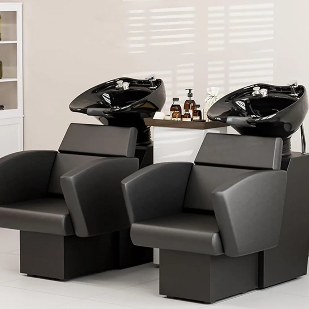 Salon Shampoo Bowl e Chair Set, Estações de Shampoo Backwash, Inclinação Hair Wash Cadeiras, Deep Porcelain Sink, 2pcs