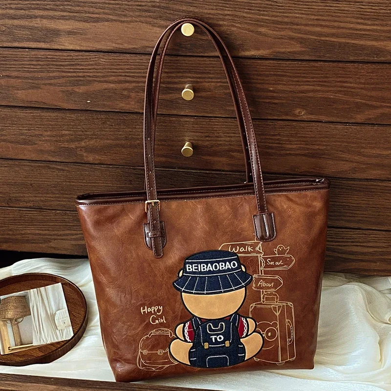 

Женская большая сумка с милым медвежьим узором, мультяшная сумка подмышки, новая модная повседневная сумка для хранения на открытом воздухе, женские аксессуары, сумки на плечо