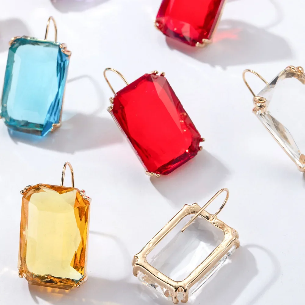 Statement Exaggerated Simple Square Resin Big Candy Color Clear Stone Pendant Hook Drop Earrings for Women Party Jewelry