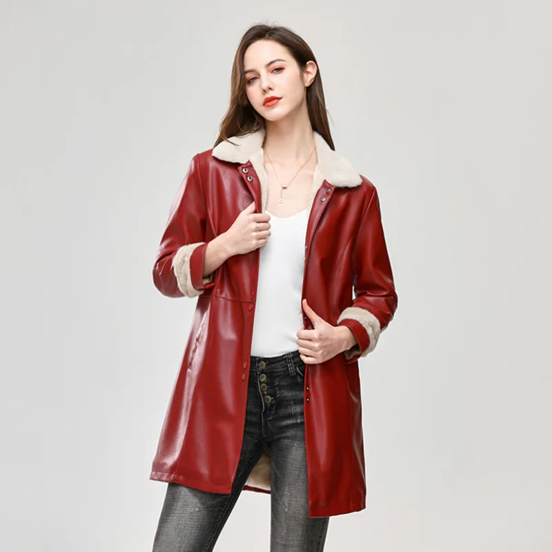 

2025 Women's Fleece-Lined Thickened Trench Coat, Leather Jacket, Warm Women's Shearling Jacket