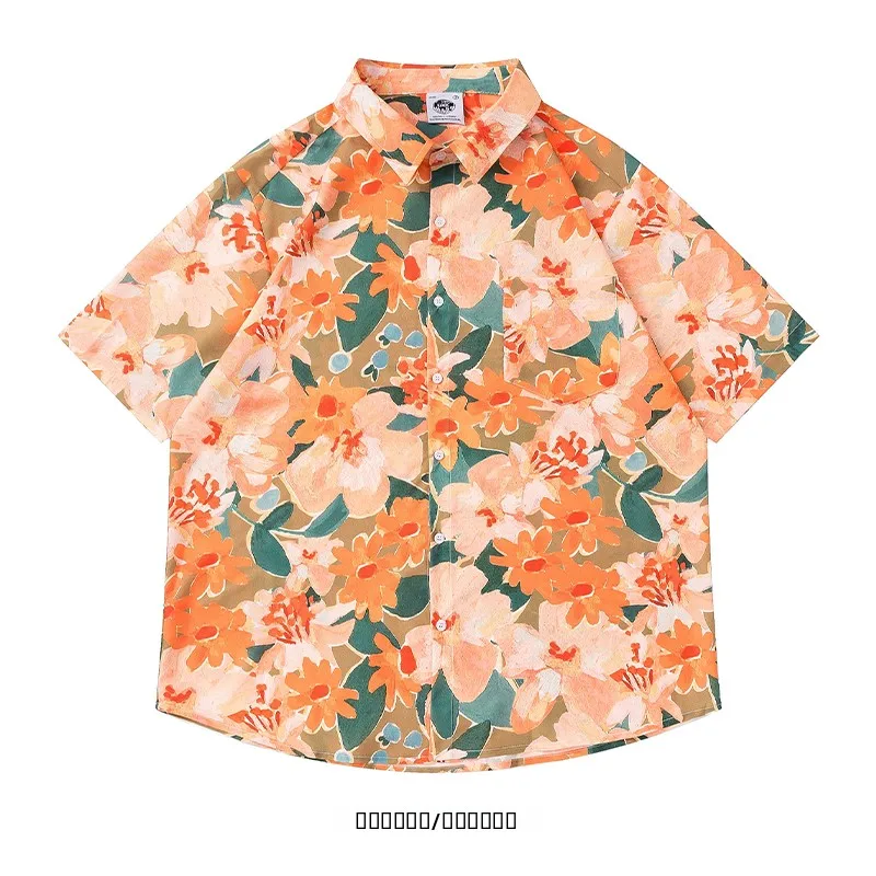 

Летний кардиган свободного кроя с художественным принтом в стиле масляной живописи Orange Suower, повседневный, в гавайском стиле, с коротким рукавом