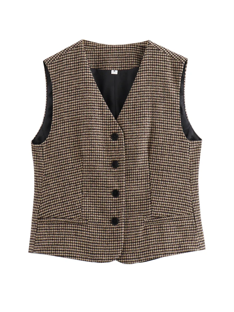 

Zevity Women Euro Style V Neck Houndstooth Pirnt Slim Vest Jacket Lady Retro Sleeveless Breasted Business WaistCoat Tops CT6216