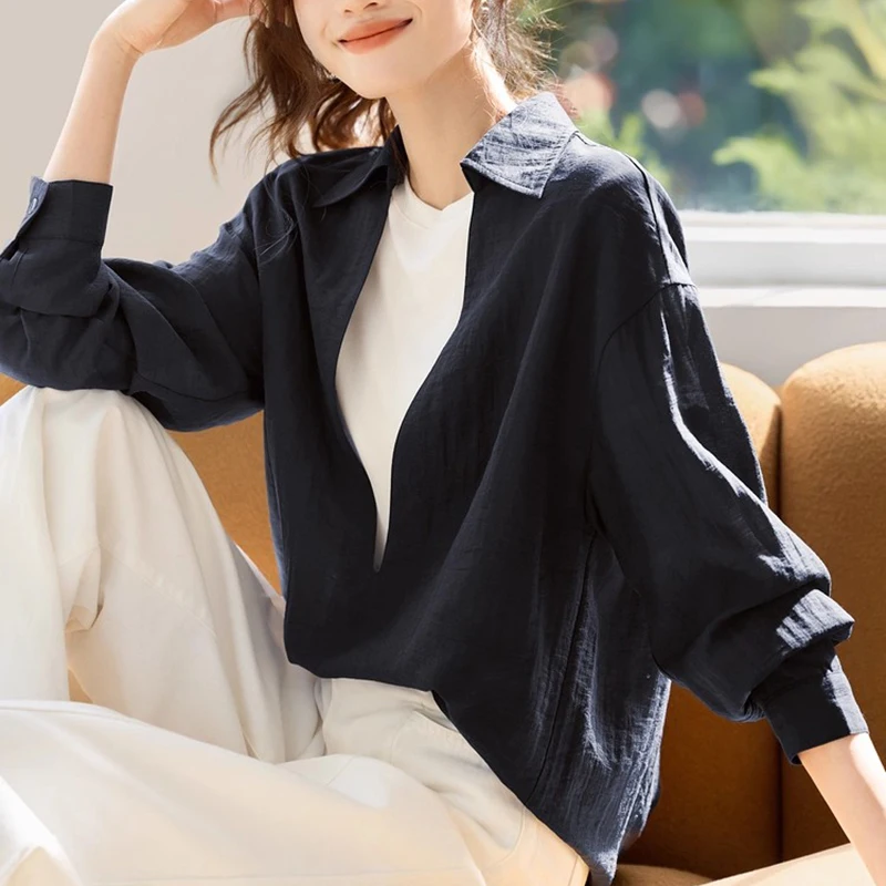 Minimalist Shirt Women Deep V Neck Long Sleeve Elegant Office Ladies Blouse S-XXL Female Tops Blouse
