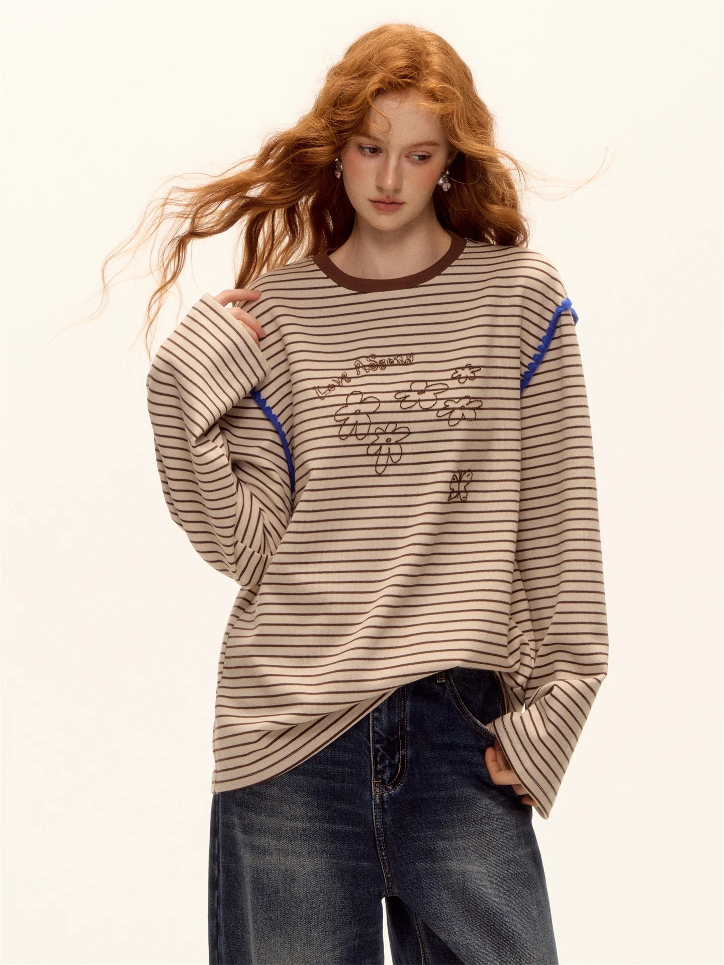 

AsGony round Ne T-irt Striped Color Blo Rice ain Embroidery ell Embroidery Lazy Sle Base Top Women's Cotton Tee