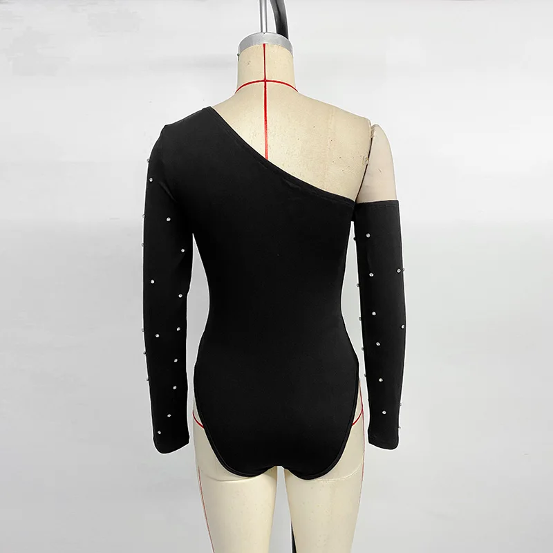 Benuynffy Diagonal Collar Long Sleeve Diamonds Bodysuit Women 2025 Autumn Sexy Party Black High Elastic One-piece Body Top
