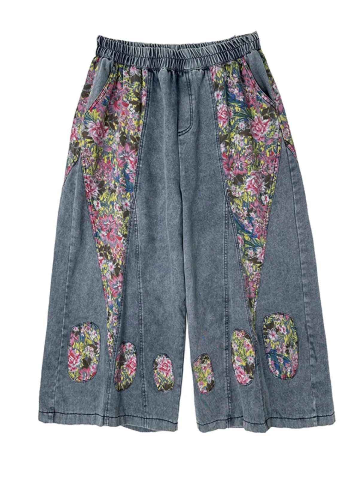 Retro kleur blo print getailleerde denim broek hoge taille dunne sle afslankende casual negenpunts wijde pijpen broek voor dames