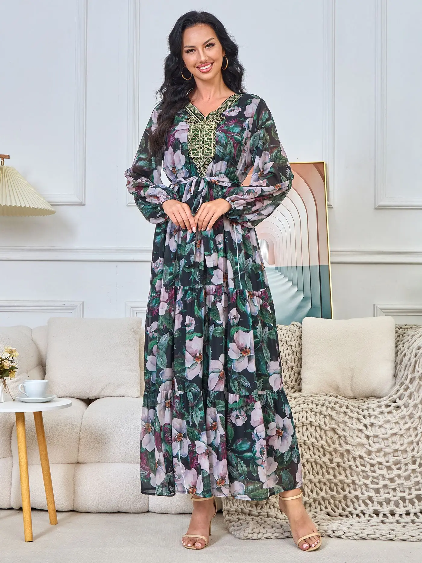 

Elegant Print Summer Dresses for Women Stylish Baggy Belted Swing Dubai Abaya Elegant Evening Dress Turkey Muslim Dress Women