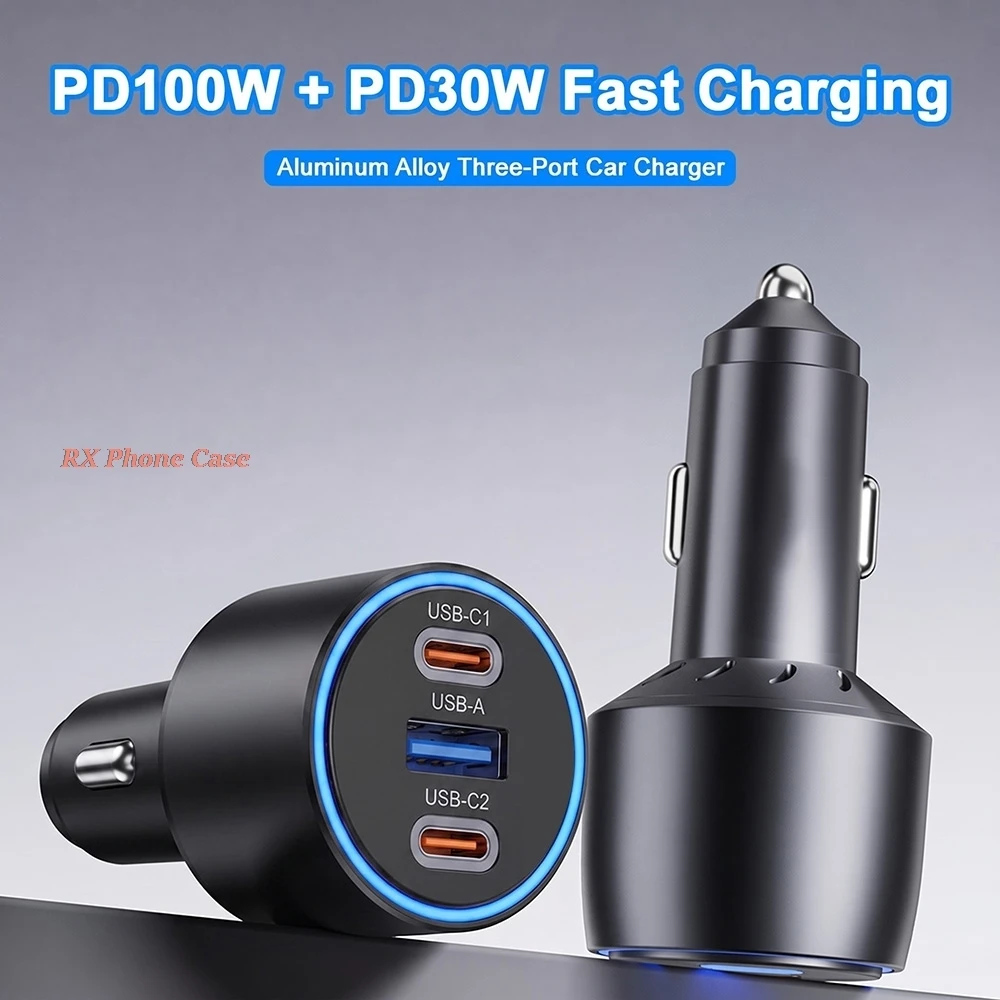 100W USB C Fast Car Charger 3-Ports PD QC 4.0 30W For Samsung S26 iPhone 17 18 16 Macbook 100W Fast Charging Adapter With LED