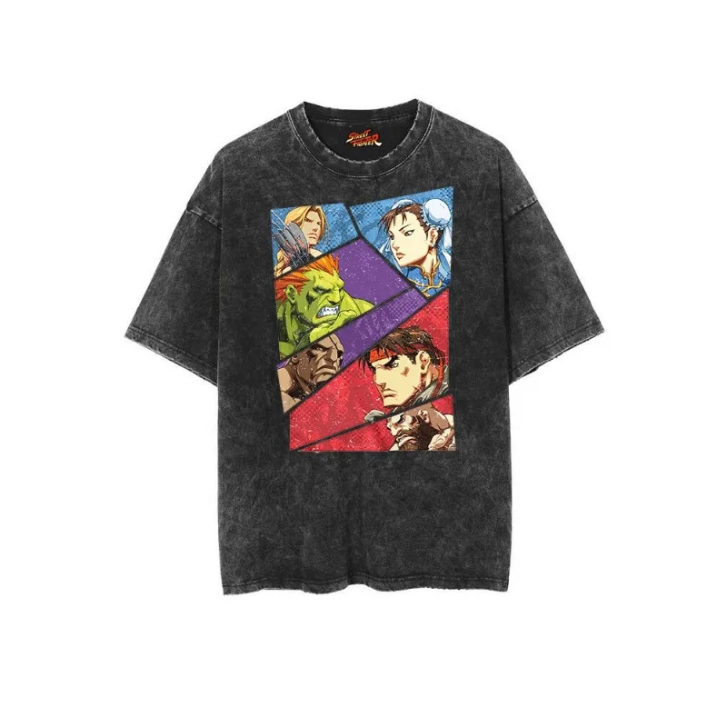 Street Fighter Street Fighter Korean Old Washed Retro Batik Men and Women Loose Short-sleeved Cotton T-shirt