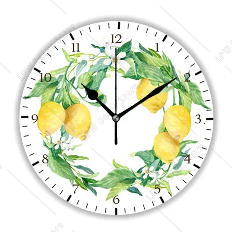 3D Yellow Lemon Citrus Fruit Slice Round Wall Clock for Kitchen Living Room Tropical Art Wall Watch Living Room Home Decor Gift