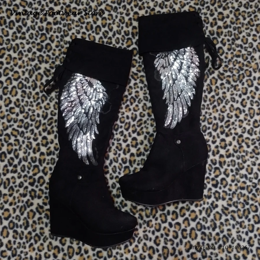 Botas hasta la rodilla con alas angulares y lentejuelas, zapatos de plataforma con cuña alta y punta redonda a la moda, botas de ante de tendencia brillantes de estilo callejero