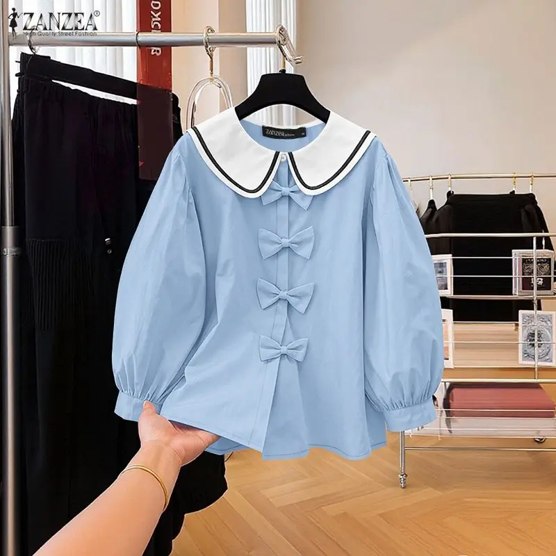 

ZANZEA Women's Vintage Shirts Peter-Pan Collar Puff Sleeve Bow Details Button Up Tops Summer Contrast-Color Sweet Chemises Femme