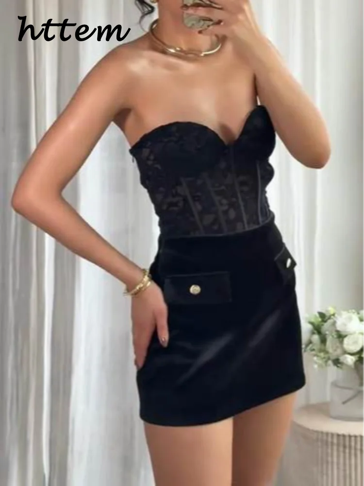 

Sexy Lace See Through Slim Waist Vest Women Black Strapless Sleeveless All-match Tops 2025 Autumn Winter Lady High Street Vests