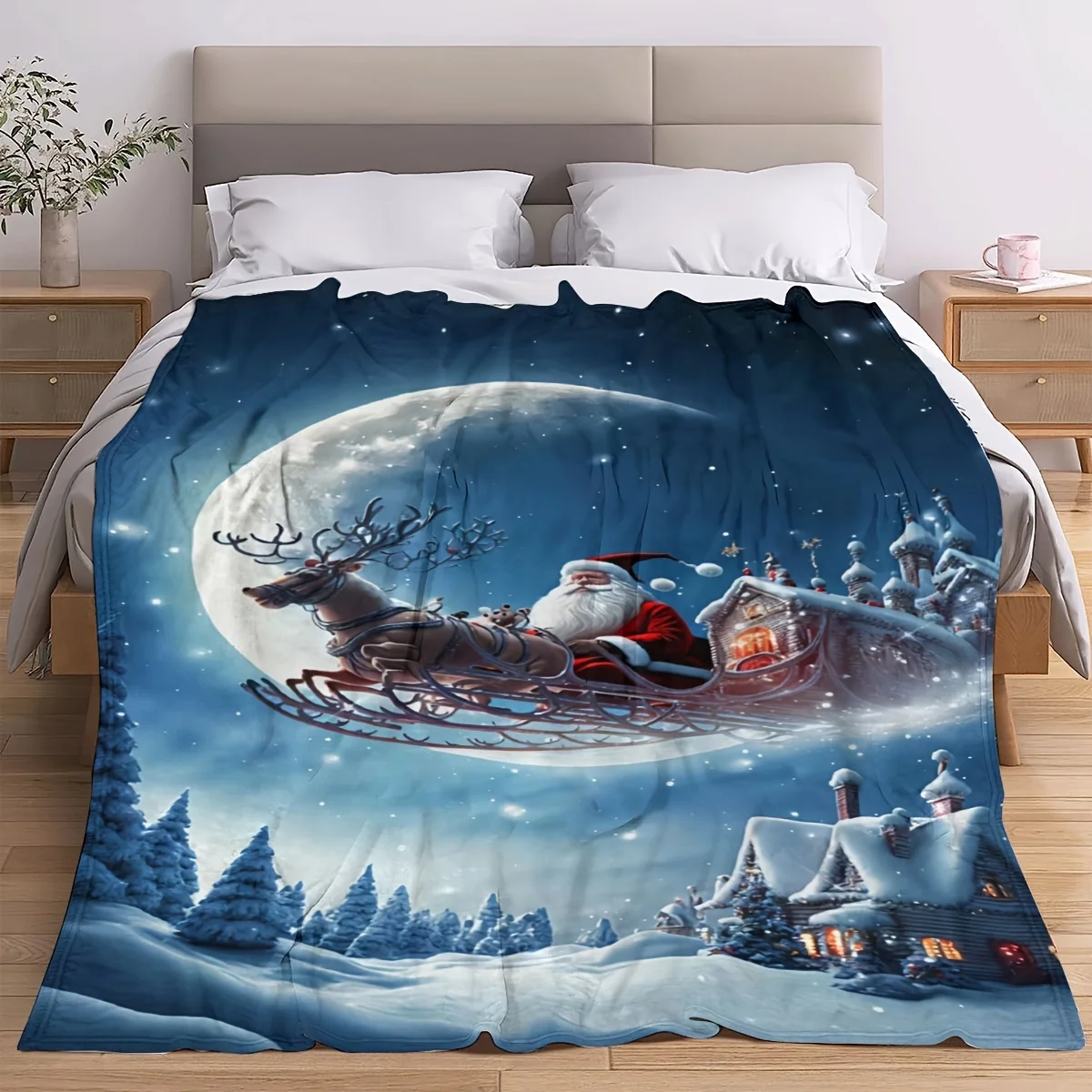 Santa Claus Print Flannel Throw Blanket, Soft Cozy Knitted Polyester Blanket for Sofa, Bed, Camping, Travel, Adult Multi-Season