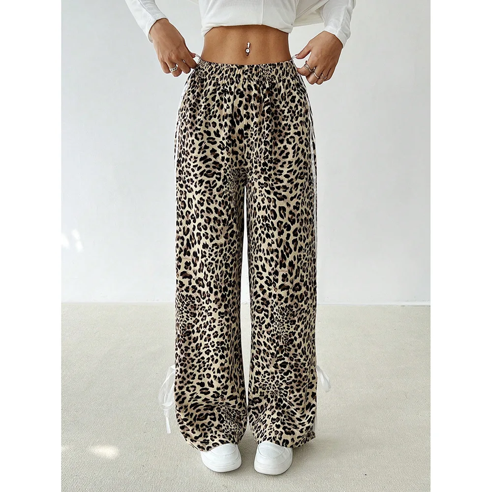 Calças Casuais Femininas de Perna Larga com Estampa de Leopardo, Corte Reto, Modernas, Novidade de Verão, Confortáveis e Soltas