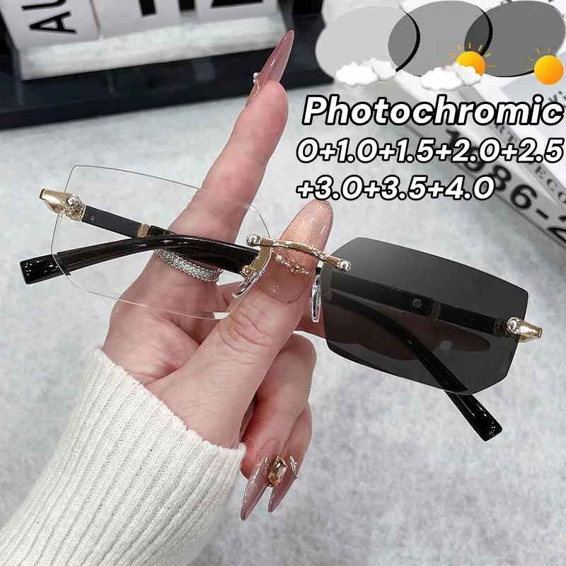 

Retro Rimless Photochromic Reading Glasses Women UV400 Protection Outdoor Travel Street Photography Unisex Goggle Shades Glasses