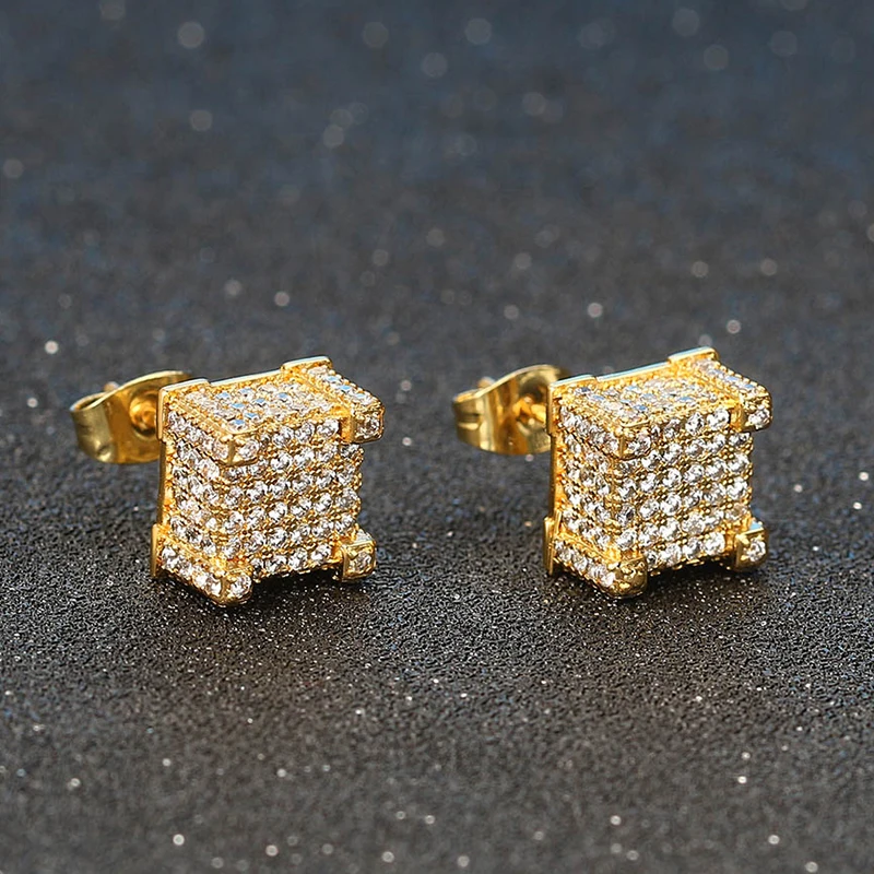 Luxury Stud Earrings For Women Iced Out AAA+ Cubic Zirconia Hip Hop Men Piercings Ear Ring Gold Color Jewellery Wholesale OHE013