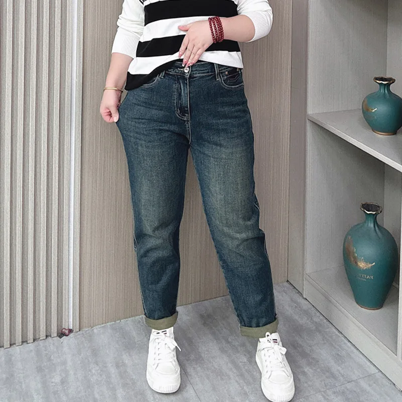 Size XL XXL Jeans Women Autumn New High Waist Quality Cuffed Loose Simple Stretched Denim Casual Harem Pants 5260