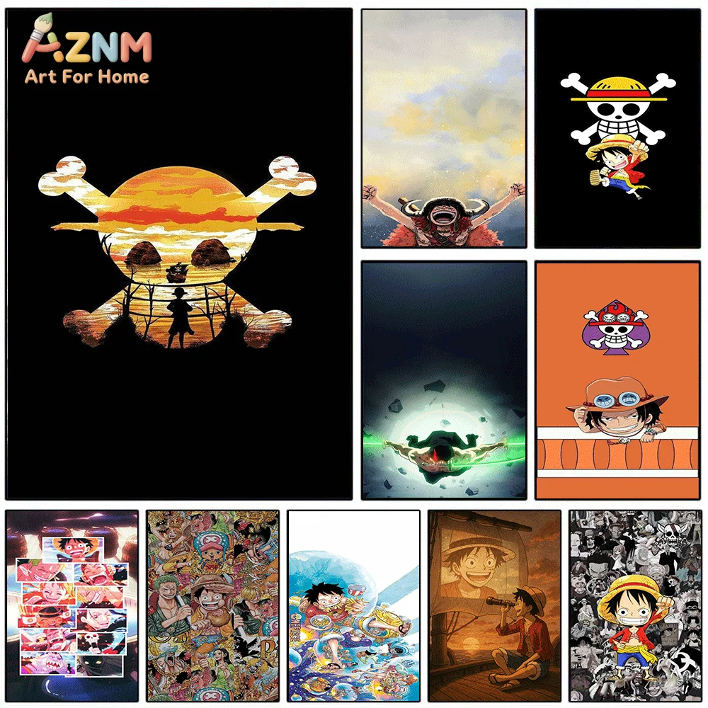 AZNM Unframed Canvas Print One Piece Jolly Roger Luffy Ace Zoro Anime Wall Art Manga Poster Home Decor