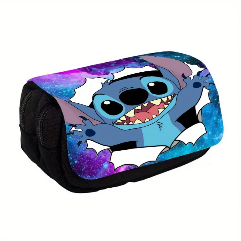 Disney\'s New Stitch Cartoon Double Layer Large Capacity Flip Pen Bag Stationery Box