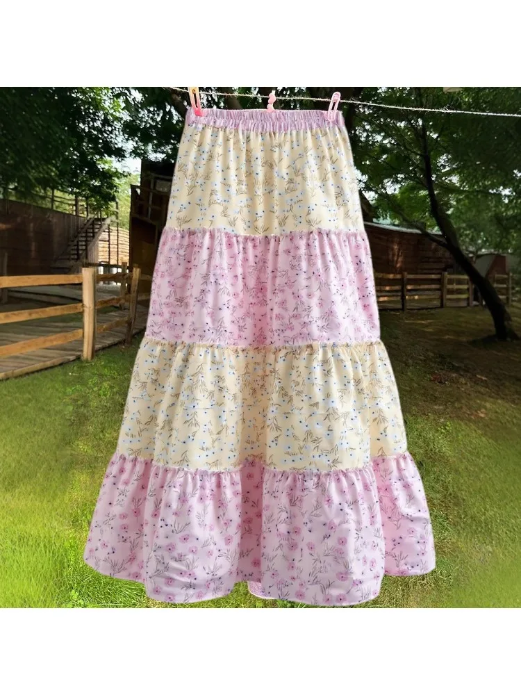 Sweet style dopamine floral patchwork floral skirt resort style forest style sweet pastoral style elastic waist long skirt