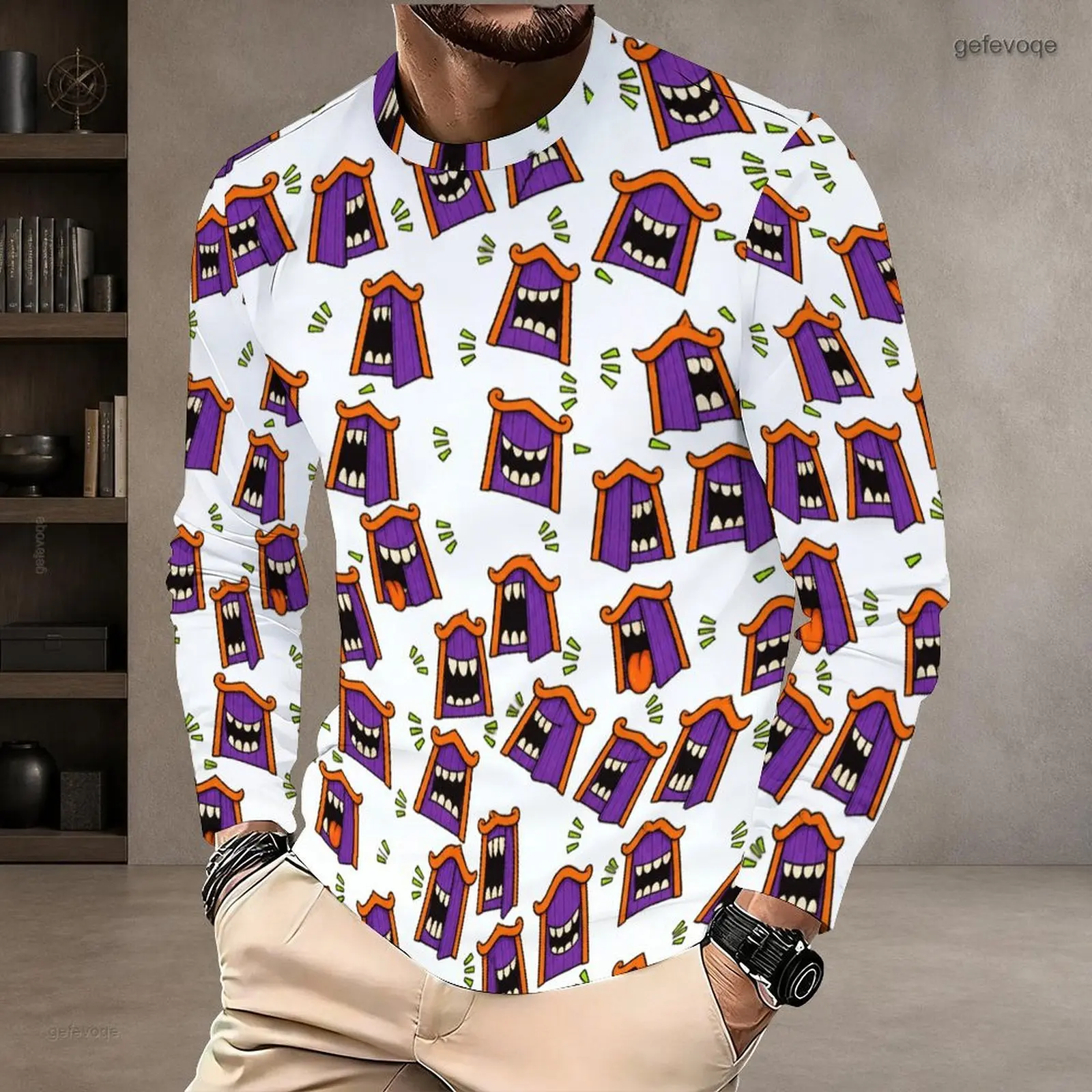 Men T Shirt with Print Round Neck Long Sleeve Pullover Straight Hem