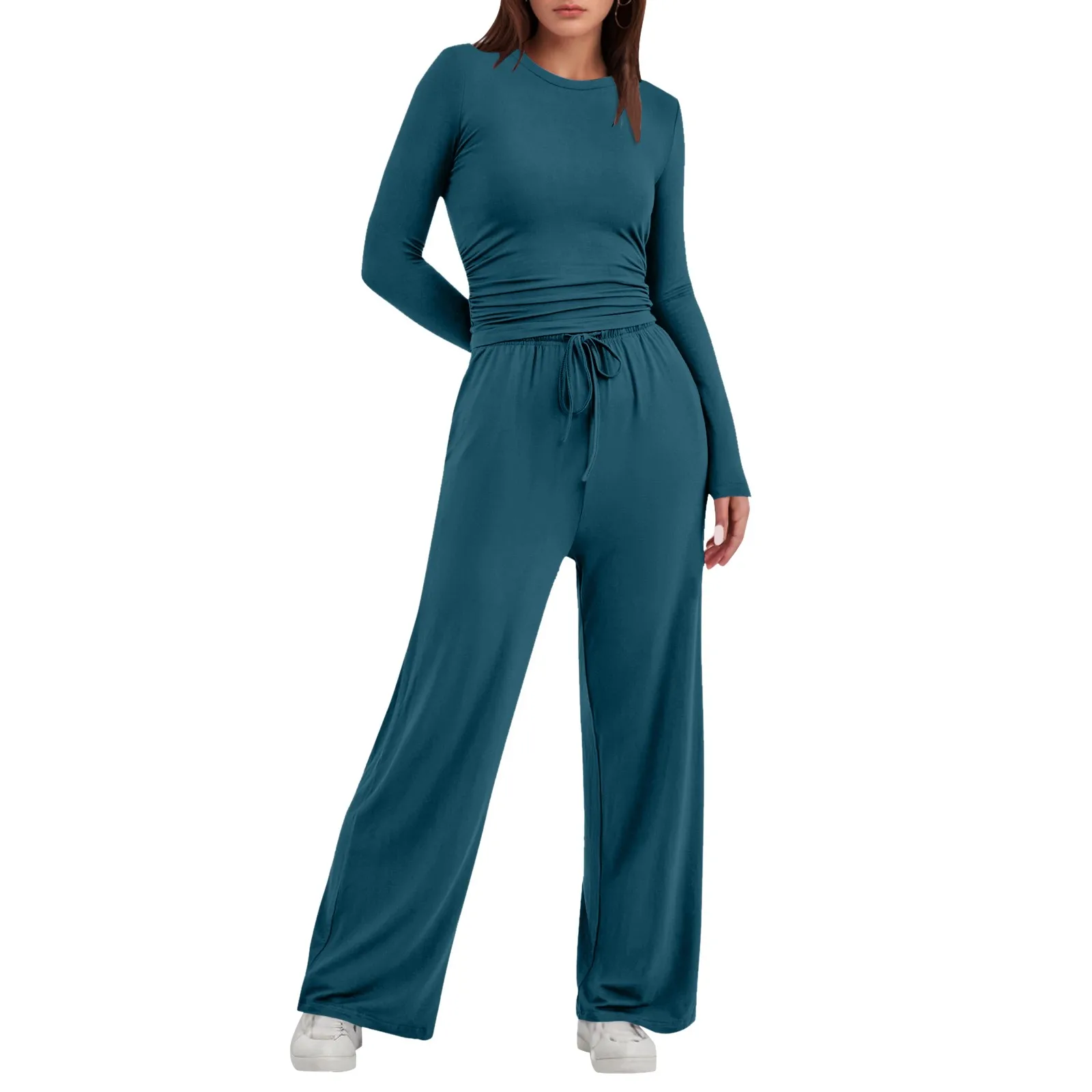 Women's Casual Solid Long Sleeve Sweater Slim Fit Suit Short Top And Loose Pants Set Autumn Winter Home Round Neck Outdoor Sets