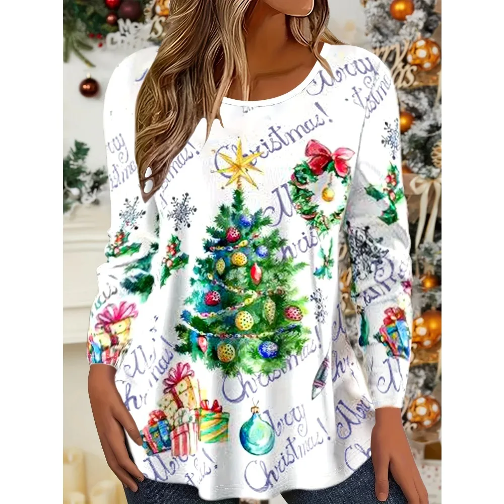 Merry Christmas 3D Print Crew Neck Long Sleeve T-Shirt Fashion Women Clothing Casual Y2k Clothes Harajuku Female Clothing