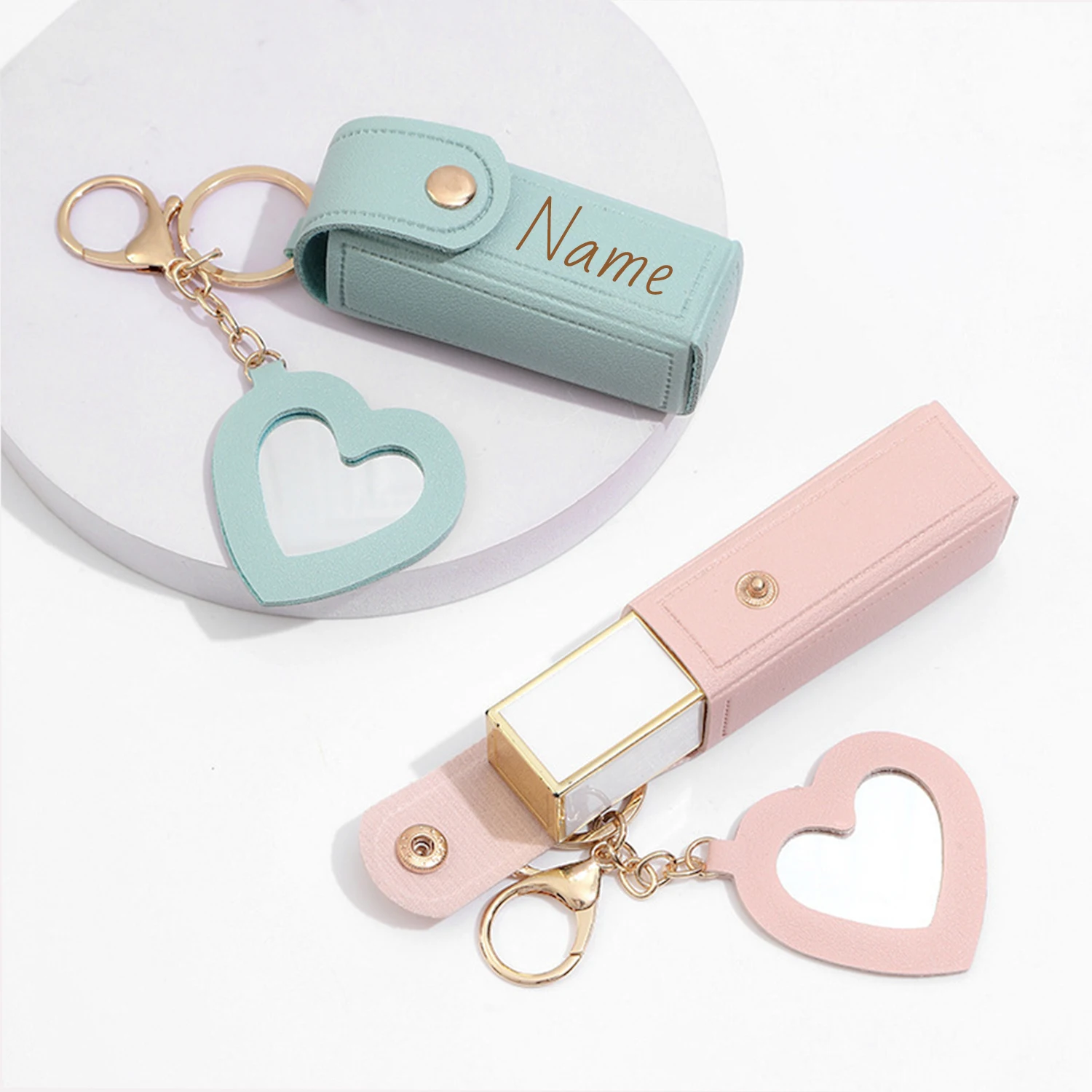 Custom Name Mini Lipstick Bag Personalized Text Keychain Makeup Mirror Girl Gift Laser Engraving PU Customized Name Coin Purse