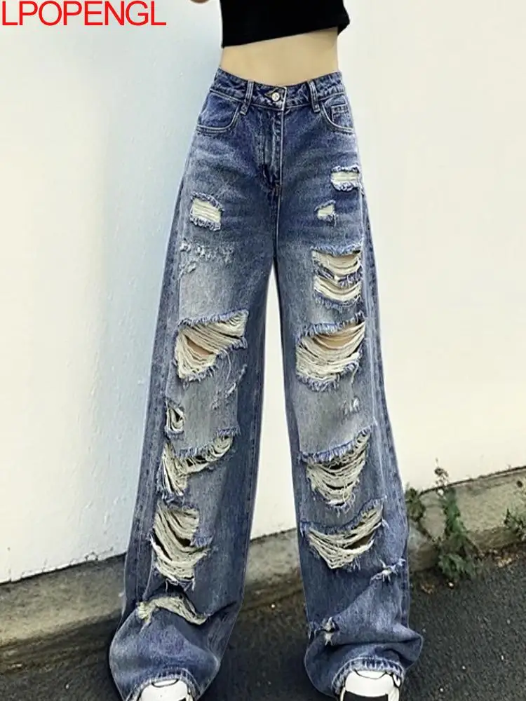 

New Retro Versatile Straight Wide-leg Pants Ripped Wash Casual Jeans Women Fashion Spring And Summer Streetwear Button Trousers